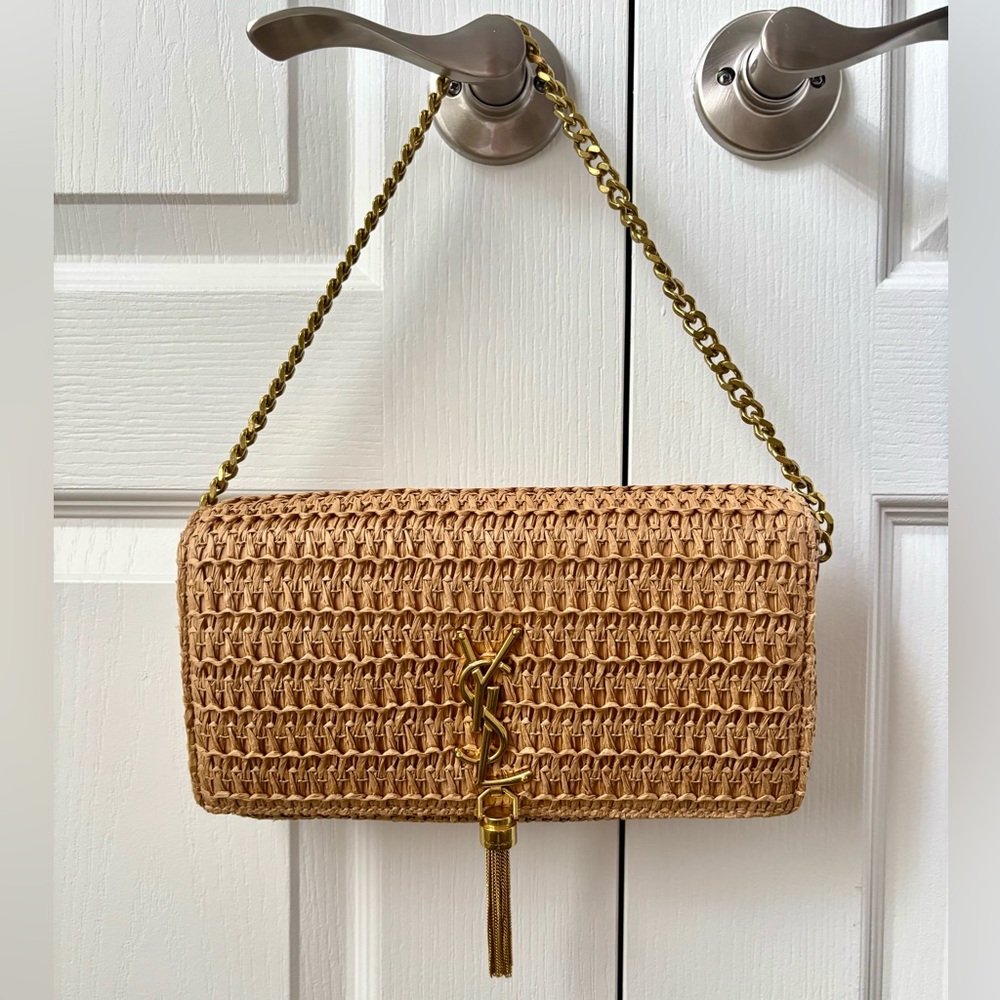 Designer Inspired Y S L Woven Raffia Shoulder Bag with Gold Tassel